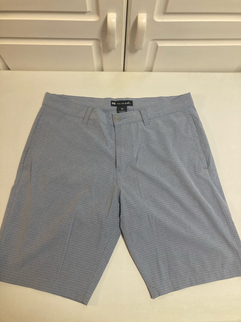 Travis Mathew Light Blue Pinstripe Flat-Front Shorts